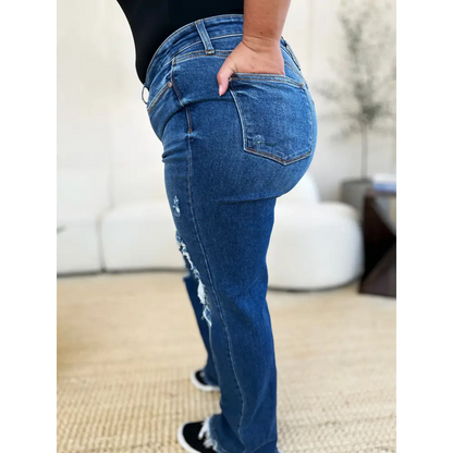 Judy Blue Full Size Mid Rise Distressed Raw Hem Jeans - Bottoms