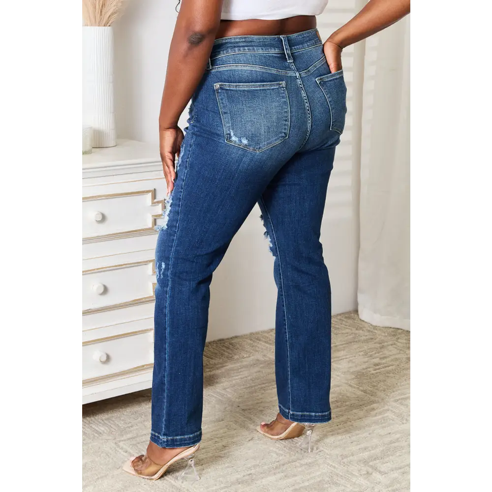 Judy Blue Full Size Mid Rise Hand Sand & Destroy Bootcut Jeans - Bottoms