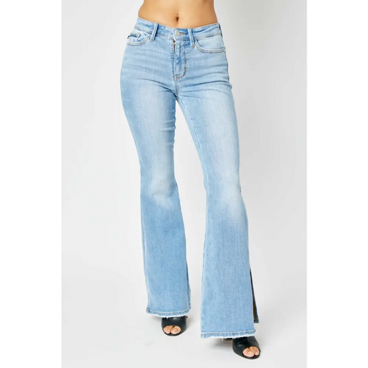 Judy Blue Full Size Mid Rise Raw Hem Slit Flare Jeans - Medium / 1(25) - Bottoms