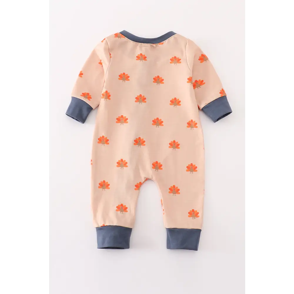 Khaki turkey print zip boy romper - baby