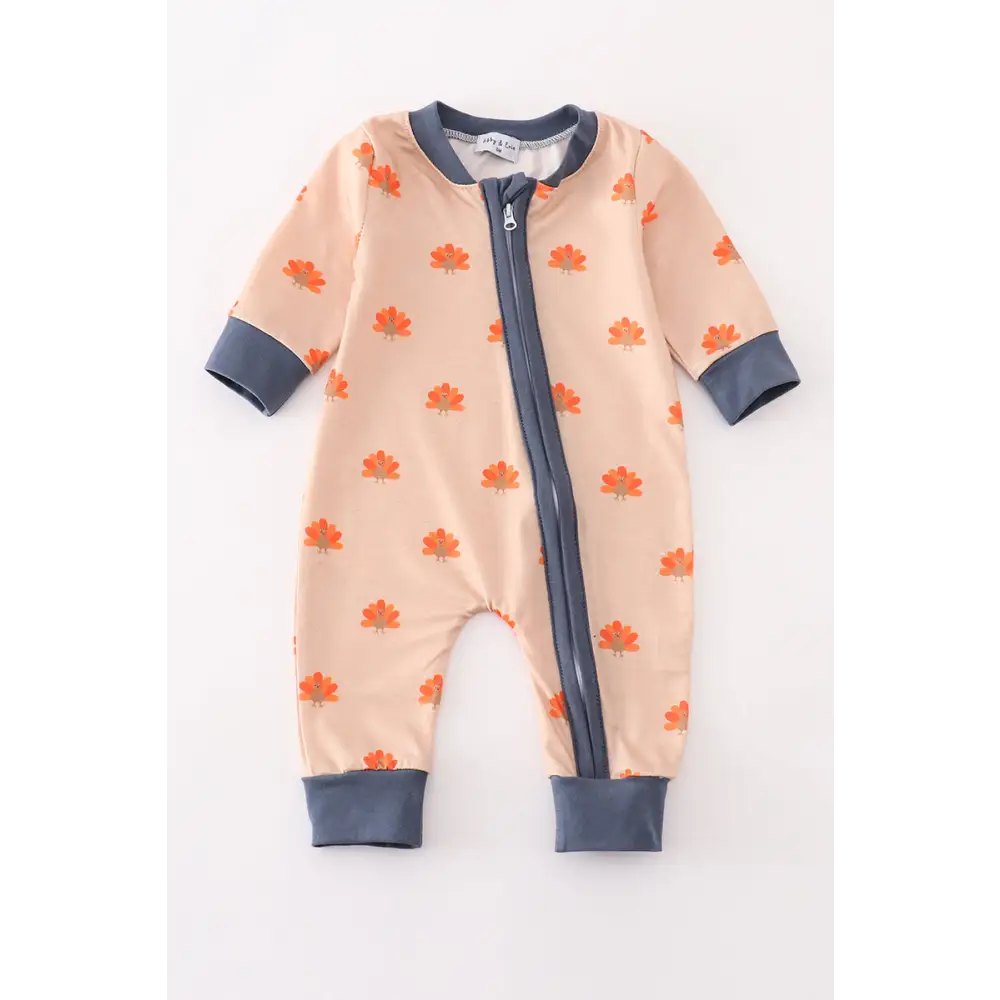 Khaki turkey print zip boy romper - baby