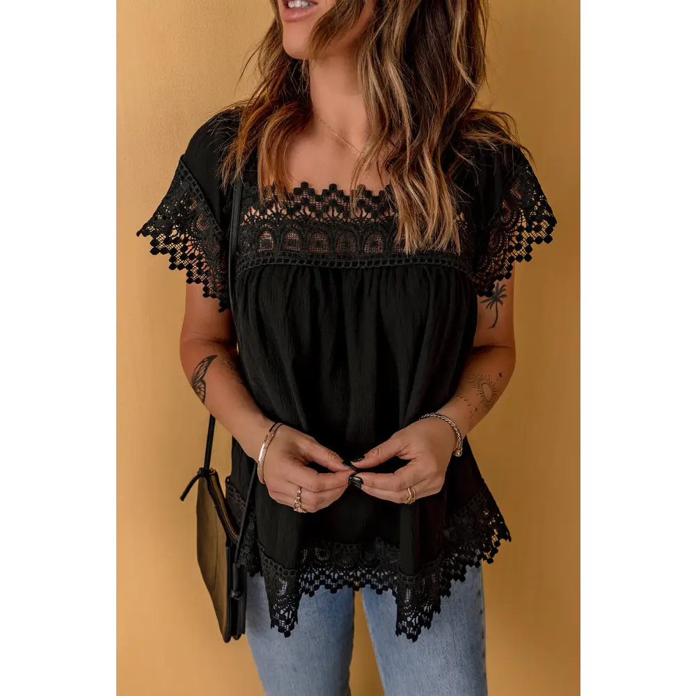 Lace Detail Square Neck Short Sleeve Blouse - Black / S - Tops