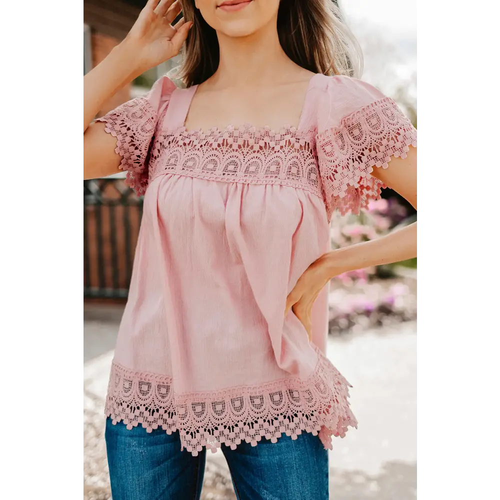 Lace Detail Square Neck Short Sleeve Blouse - Light Mauve / S - Tops