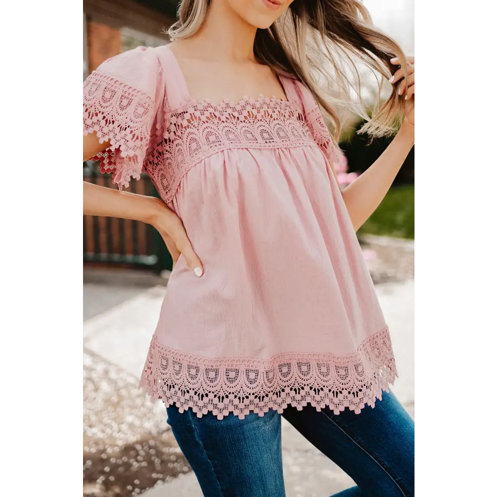 Lace Detail Square Neck Short Sleeve Blouse - Tops