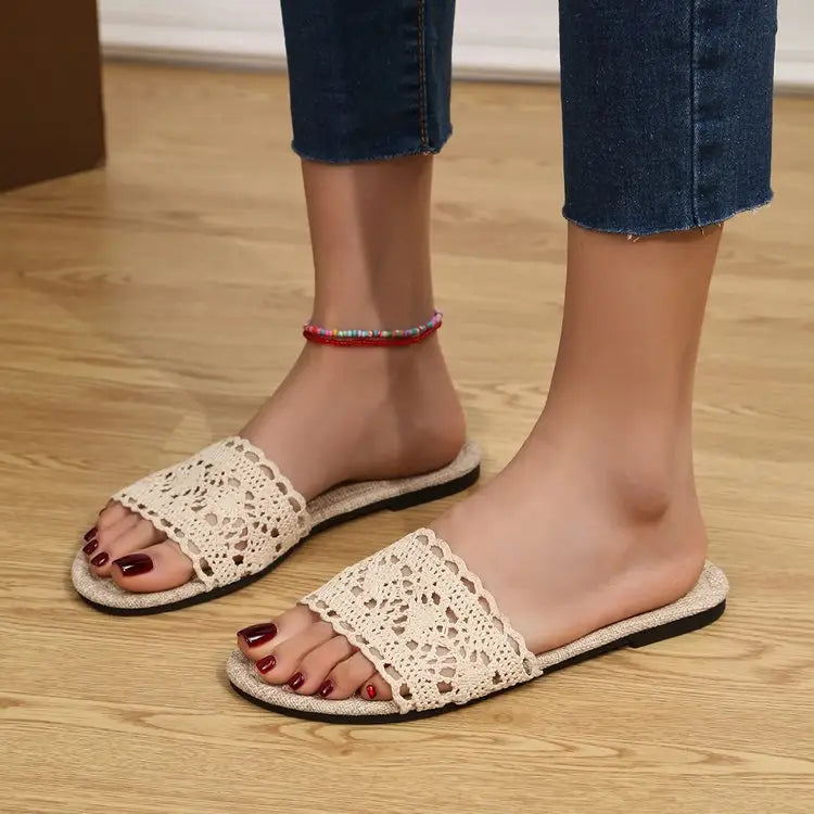 Lace Open Toe Flat Sandals - Beige / 36(US5)