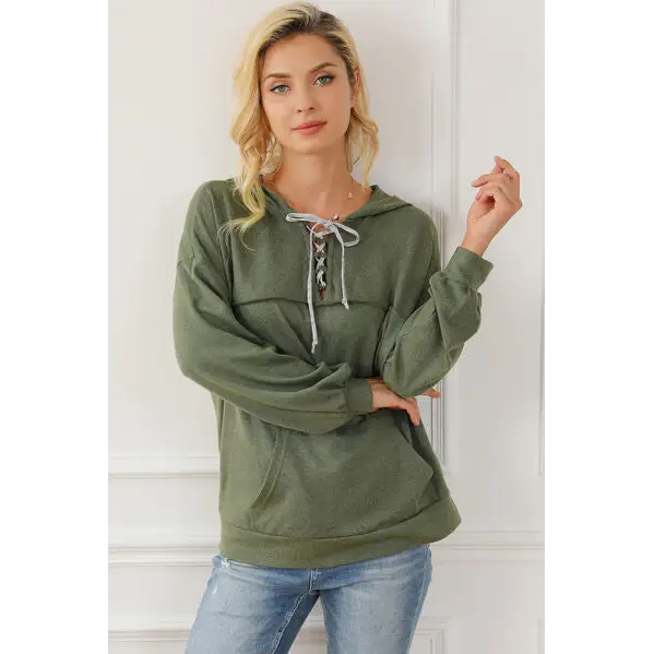 Lace-Up Exposed Seam Hoodie with Pocket - Madi Gray Boutique