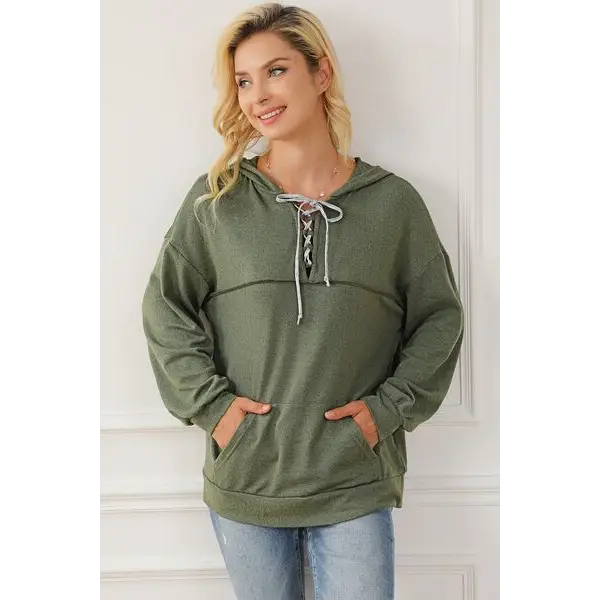 Lace-Up Exposed Seam Hoodie with Pocket - Madi Gray Boutique