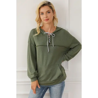 Lace-Up Exposed Seam Hoodie with Pocket - Madi Gray Boutique