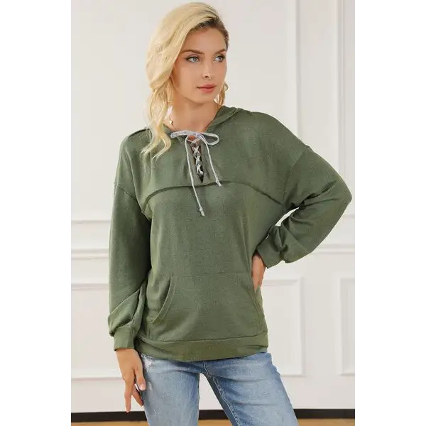 Lace-Up Exposed Seam Hoodie with Pocket - Madi Gray Boutique