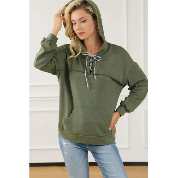 Lace-Up Exposed Seam Hoodie with Pocket - Madi Gray Boutique