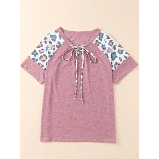 Lace-Up Leopard Short Sleeve T-Shirt - Tops