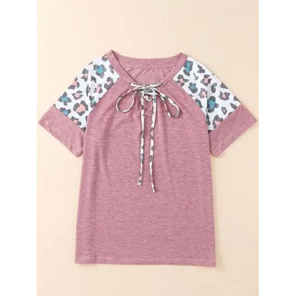 Lace-Up Leopard Short Sleeve T-Shirt - Tops