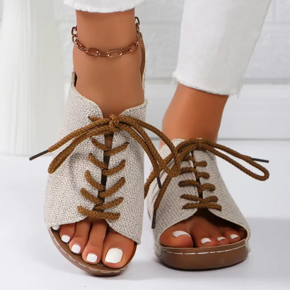 Lace-Up Open Toe Wedge Sandals - Beige / 36(US5)