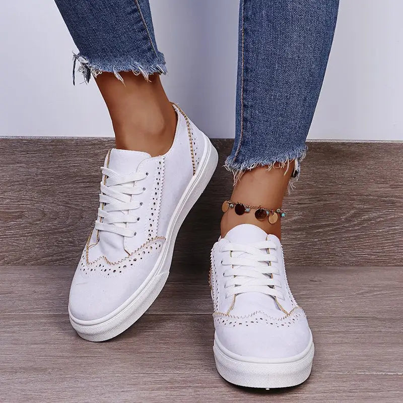 Lace-Up Suedette Flat Sneakers - White / 35(US4) - Accessories