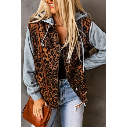 Leopard Distressed Drawstring Hooded Denim Jacket - Leopard / S - Tops