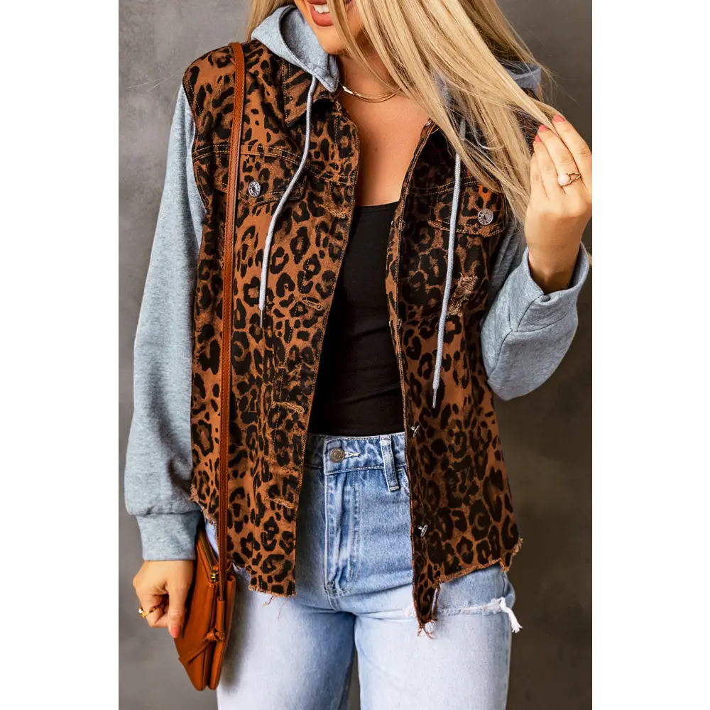 Leopard Distressed Drawstring Hooded Denim Jacket - Tops