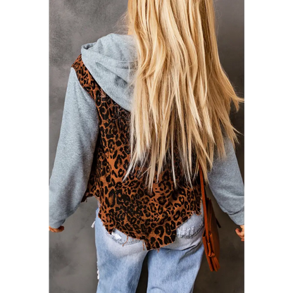 Leopard Distressed Drawstring Hooded Denim Jacket - Tops