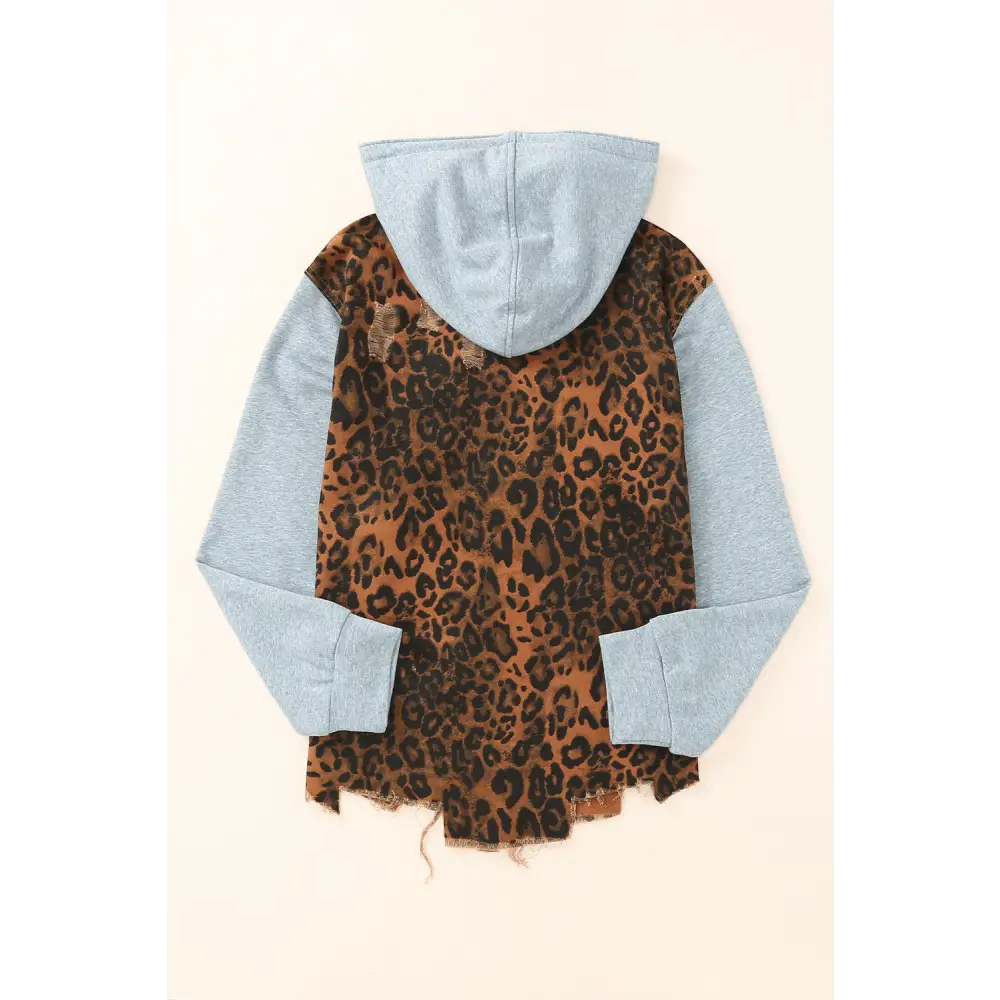 Leopard Distressed Drawstring Hooded Denim Jacket - Tops