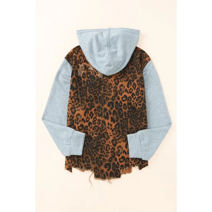 Leopard Distressed Drawstring Hooded Denim Jacket - Tops