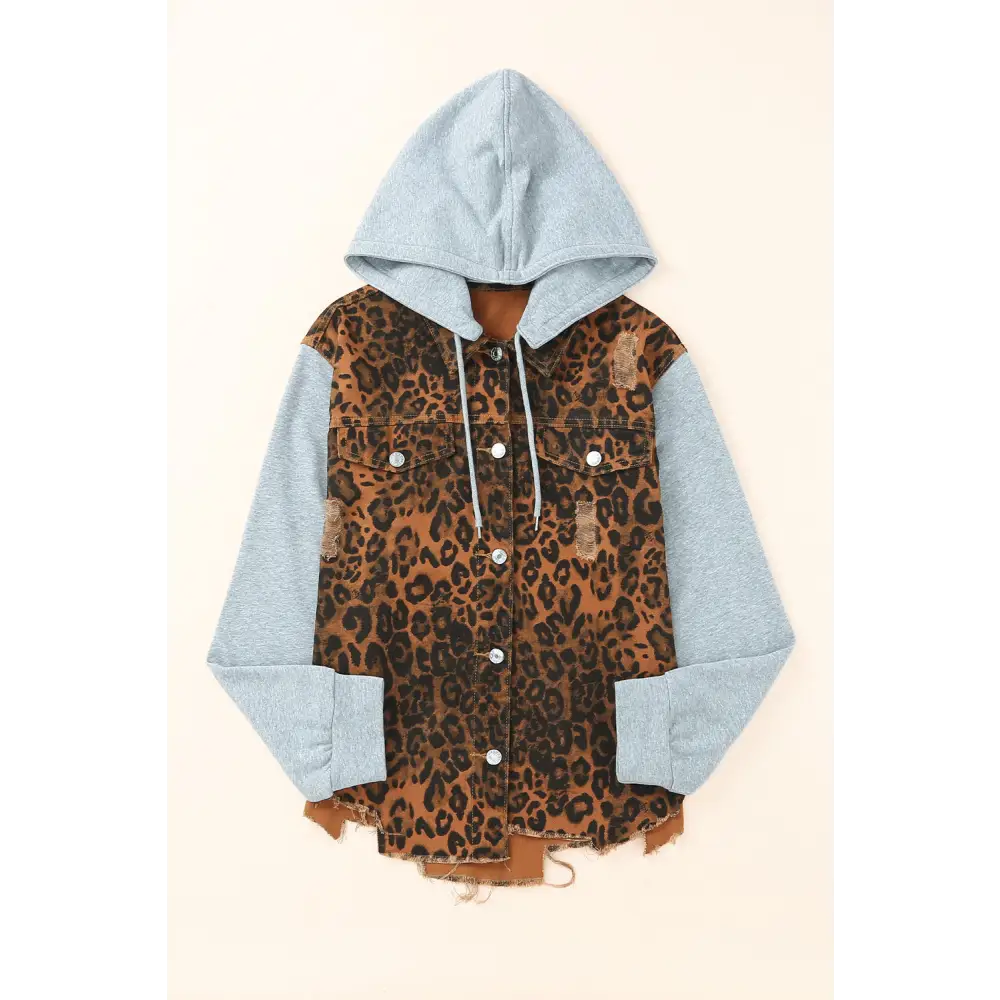 Leopard Distressed Drawstring Hooded Denim Jacket - Tops