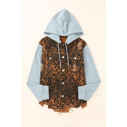 Leopard Distressed Drawstring Hooded Denim Jacket - Tops