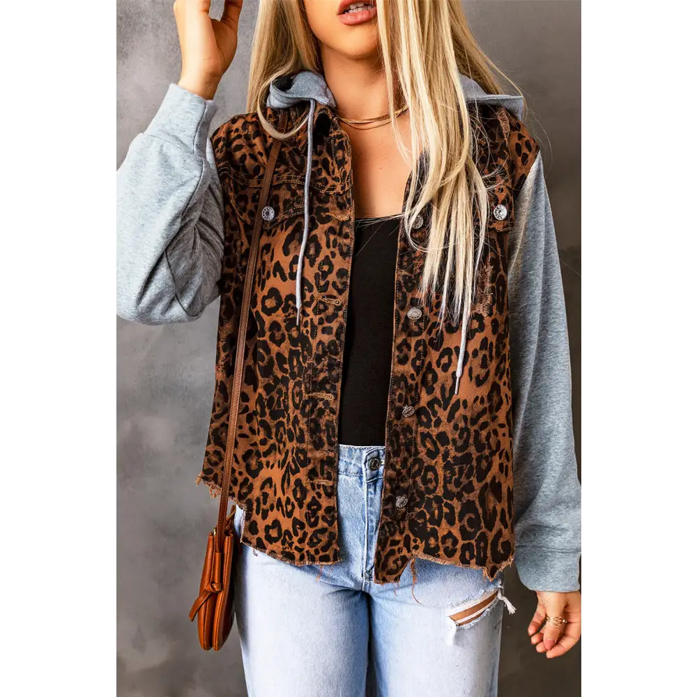 Leopard Distressed Drawstring Hooded Denim Jacket - Tops