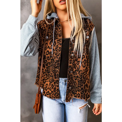 Leopard Distressed Drawstring Hooded Denim Jacket - Tops