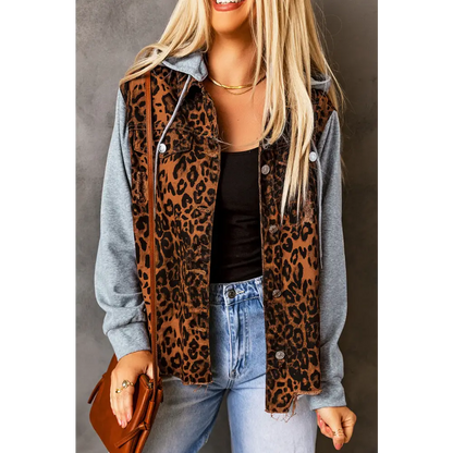 Leopard Distressed Drawstring Hooded Denim Jacket - Tops