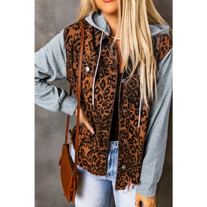 Leopard Distressed Drawstring Hooded Denim Jacket - Tops