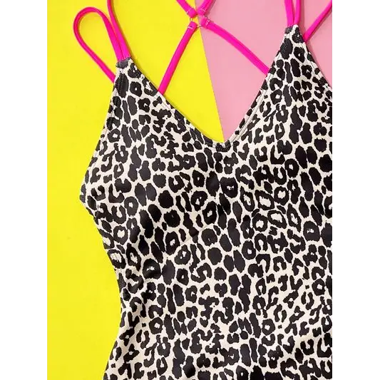 Leopard Plunge Spaghetti Strap One-Piece Swimwear