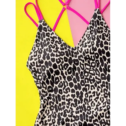 Leopard Plunge Spaghetti Strap One-Piece Swimwear