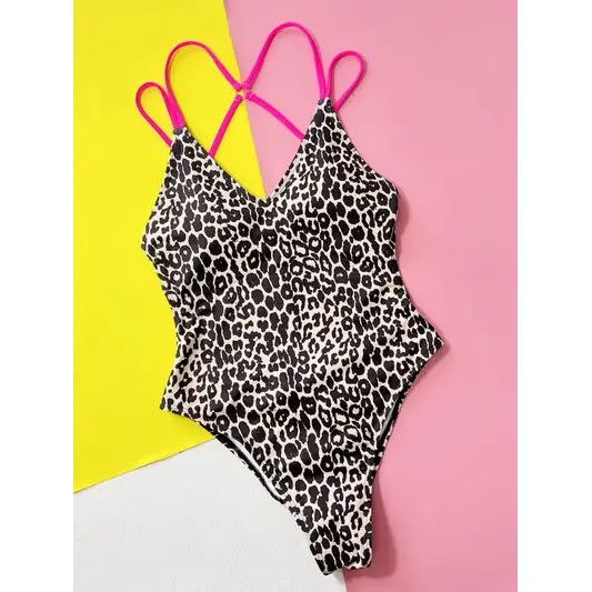 Leopard Plunge Spaghetti Strap One-Piece Swimwear