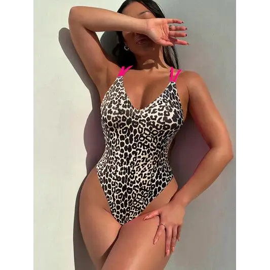 Leopard Plunge Spaghetti Strap One-Piece Swimwear - Black / S