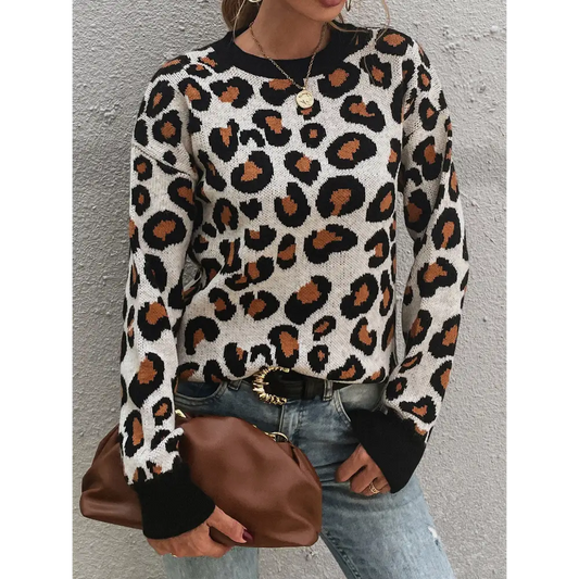 Leopard Round Neck Dropped Shoulder Sweater - Madi Gray Boutique