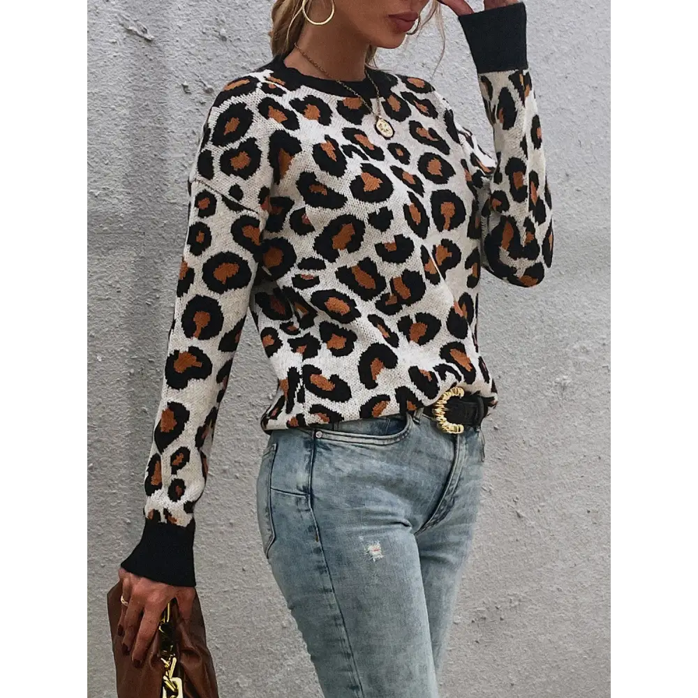 Leopard Round Neck Dropped Shoulder Sweater - Madi Gray Boutique