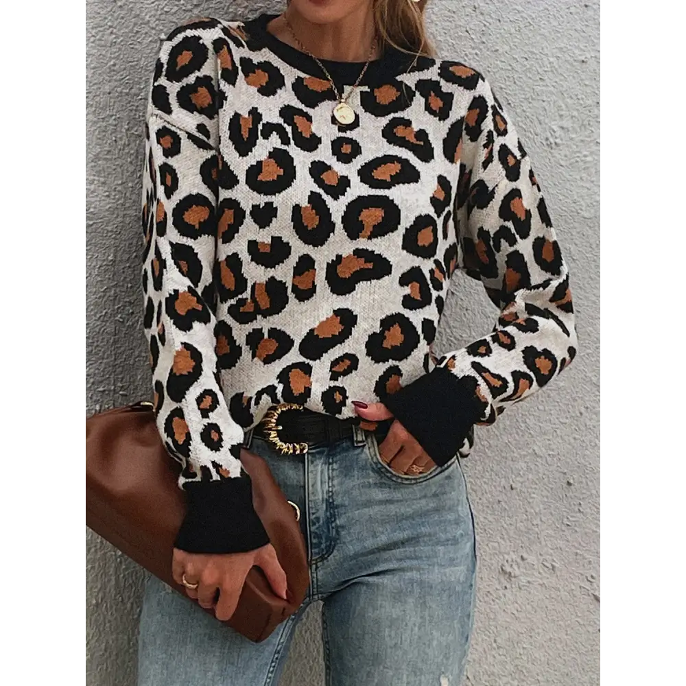 Leopard Round Neck Dropped Shoulder Sweater - Madi Gray Boutique