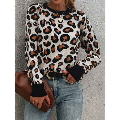 Leopard Round Neck Dropped Shoulder Sweater - Madi Gray Boutique