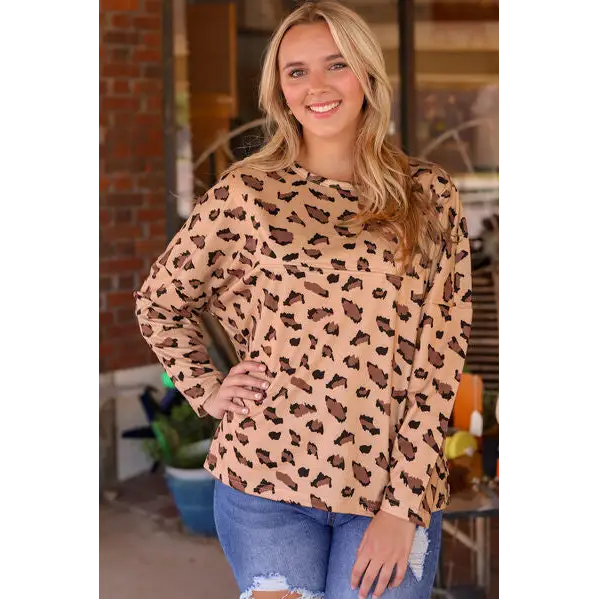 Leopard Round Neck Long Sleeve Shirt - Ochre / S - Tops