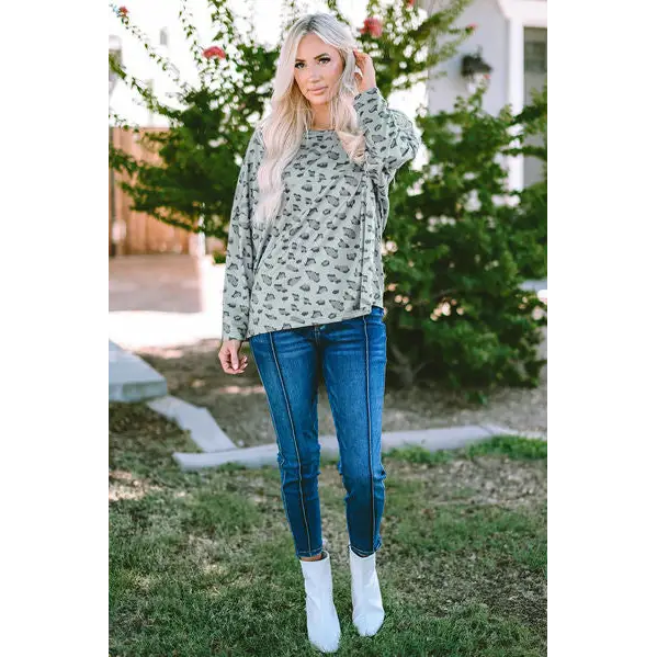 Leopard Round Neck Long Sleeve Shirt - Tops