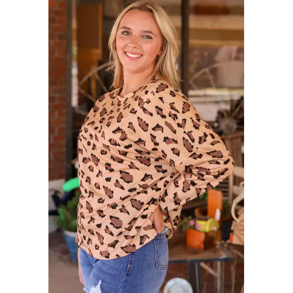 Leopard Round Neck Long Sleeve Shirt - Tops