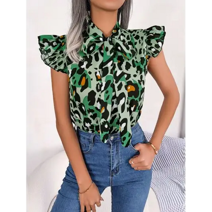 Leopard Tie Neck Cap Sleeve Blouse - Mid Green / S - Tops