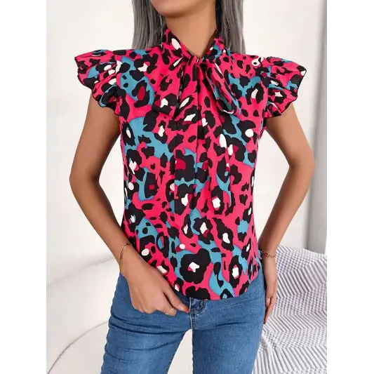 Leopard Tie Neck Cap Sleeve Blouse - Strawberry / S - Tops