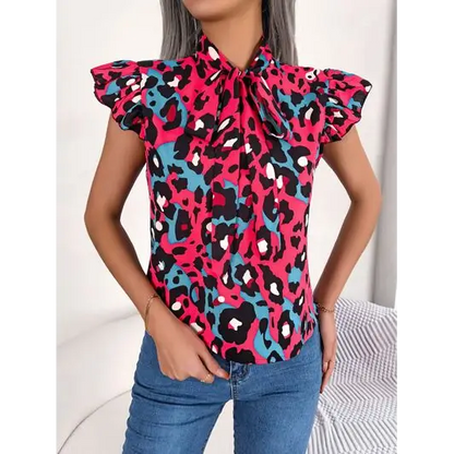 Leopard Tie Neck Cap Sleeve Blouse - Strawberry / S - Tops