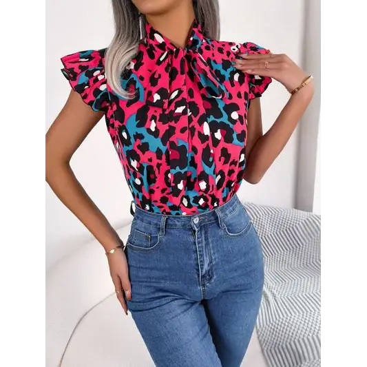 Leopard Tie Neck Cap Sleeve Blouse - Tops