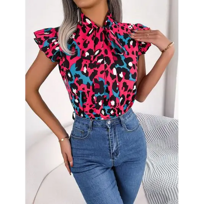 Leopard Tie Neck Cap Sleeve Blouse - Tops