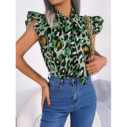 Leopard Tie Neck Cap Sleeve Blouse - Tops