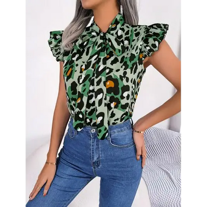 Leopard Tie Neck Cap Sleeve Blouse - Tops