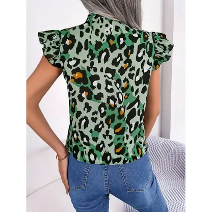 Leopard Tie Neck Cap Sleeve Blouse - Tops