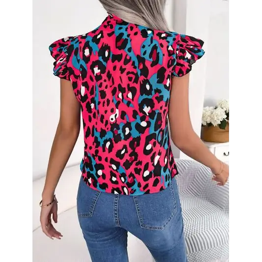 Leopard Tie Neck Cap Sleeve Blouse - Tops