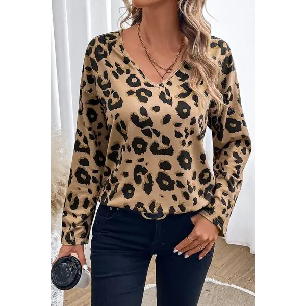 Leopard V-Neck Dropped Shoulder Blouse - Tan / S - Tops